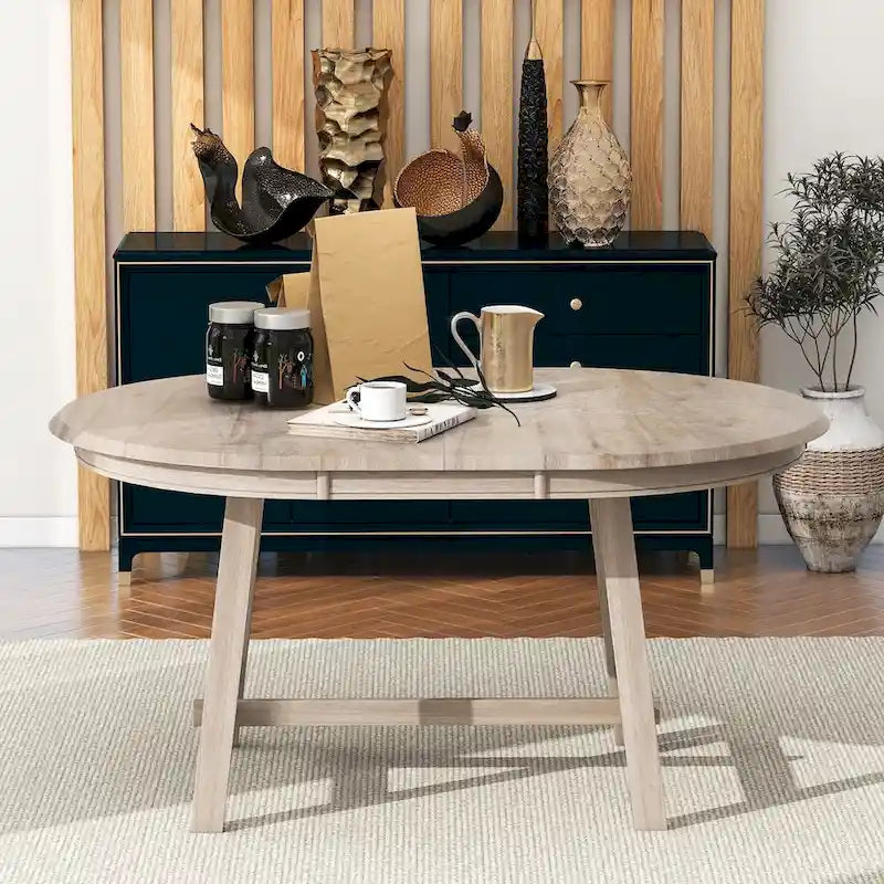 Tavolo da pranzo rotondo allungabile lavato grigio/legno naturale, 4 posti