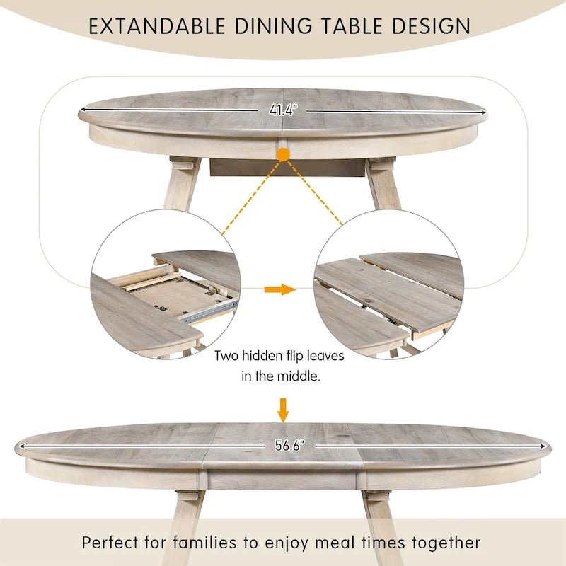 Tavolo da pranzo rotondo allungabile lavato grigio/legno naturale, 4 posti