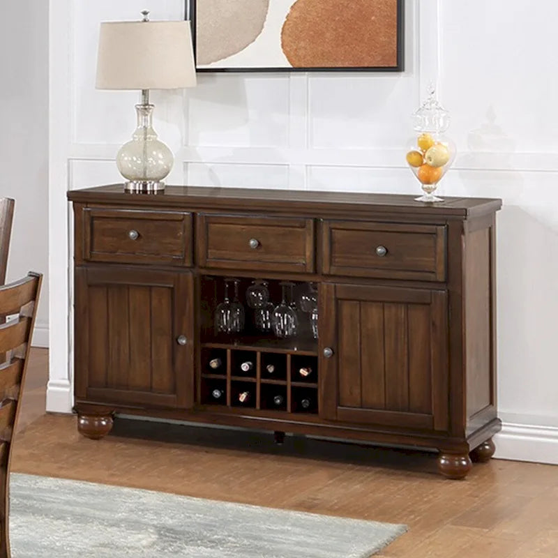 Credenza Noce con Porta Bottiglie, 3 Cassetti e 2 Ante