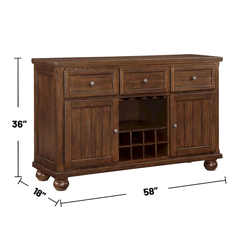 Credenza Noce con Porta Bottiglie, 3 Cassetti e 2 Ante