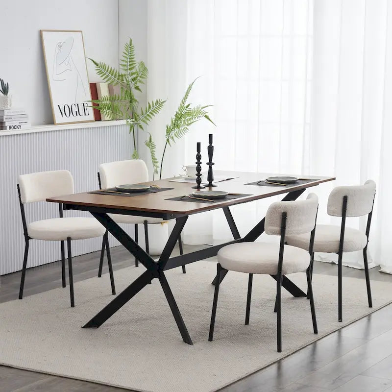 Sedia da pranzo in tessuto Teddy bianco/nero con gambe in metallo – Set da 4