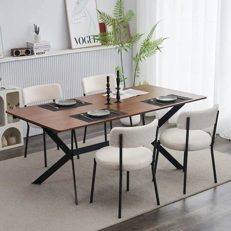 Sedia da pranzo in tessuto Teddy bianco/nero con gambe in metallo – Set da 4