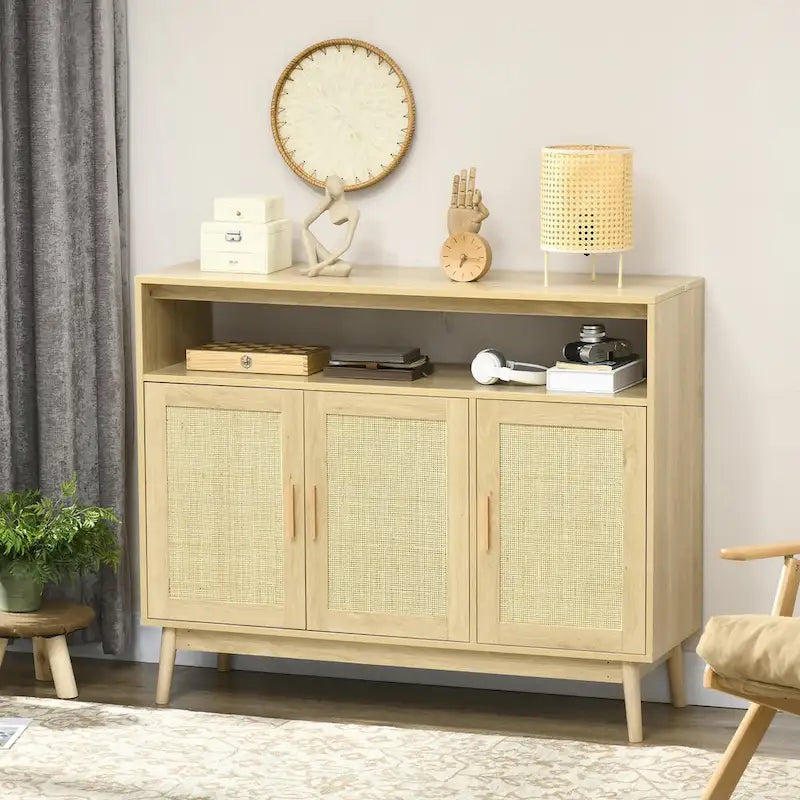 Credenza/Madia con Ante in Rattan e Legno Naturale, Uso Singolo