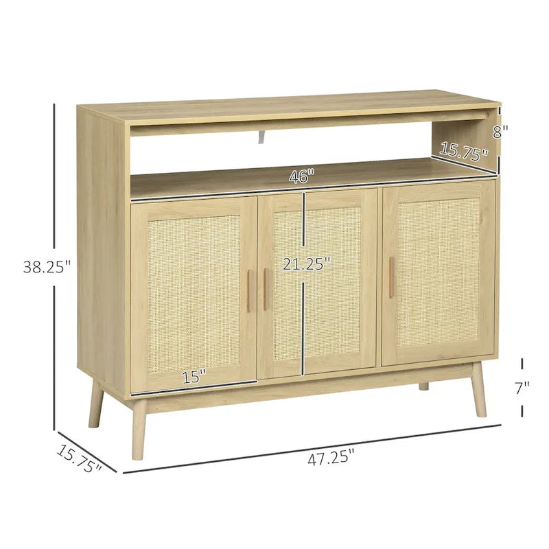 Credenza/Madia con Ante in Rattan e Legno Naturale, Uso Singolo