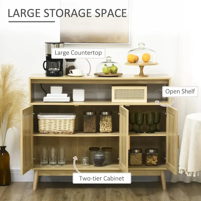 Credenza/Madia con Ante in Rattan e Legno Naturale, Uso Singolo