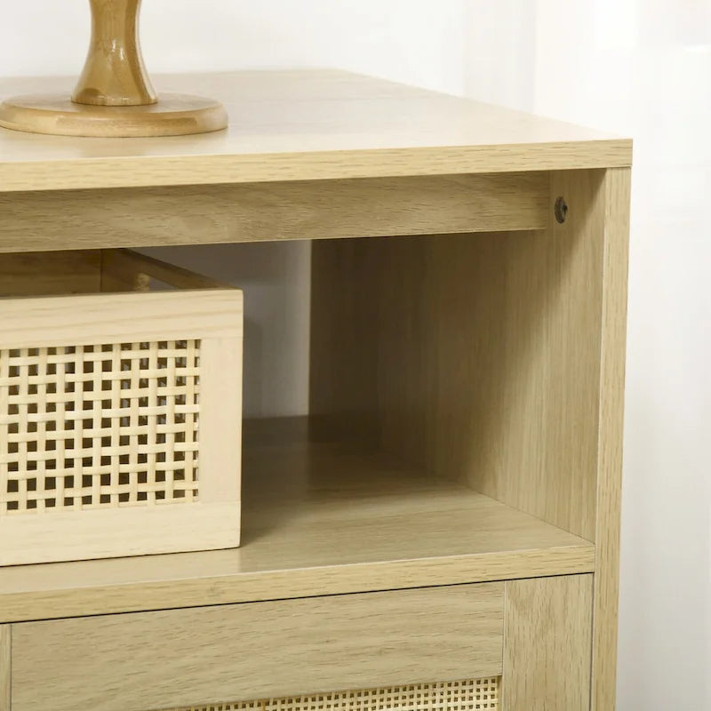 Credenza/Madia con Ante in Rattan e Legno Naturale, Uso Singolo
